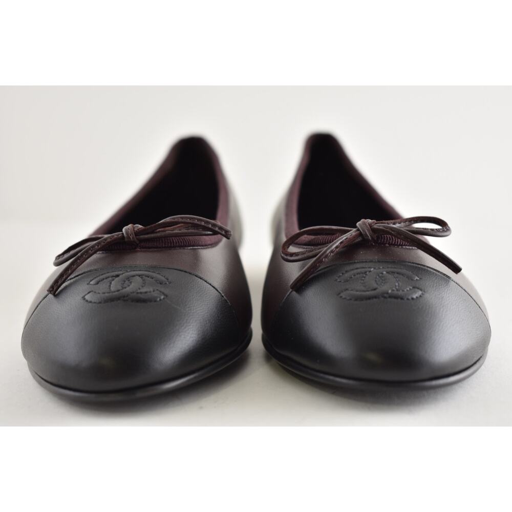 Chanel 26K Chocolate Dark Brown Black Lambskin CC Cap Ballet Ballerina Flat 37.5 - Picture 12 of 16